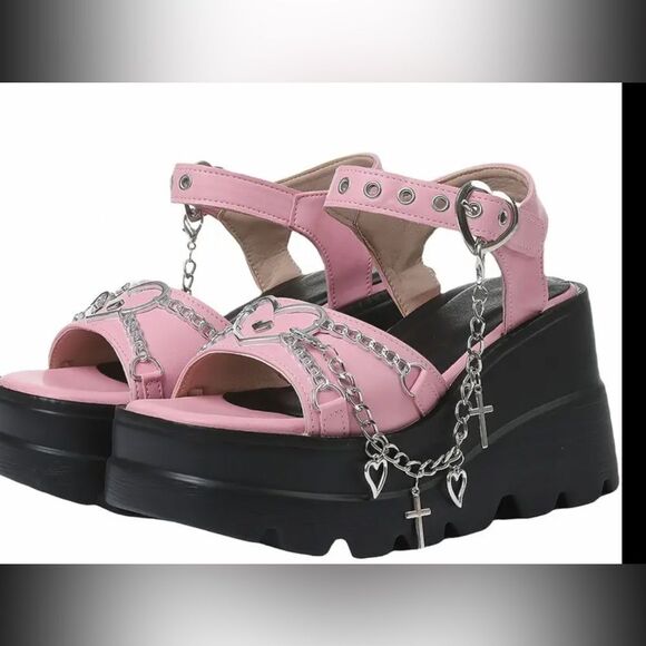 Pink and Black Platform Sandals with Floral Straps - Picture 2 of 10